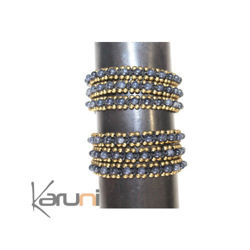 Bracelet multi ranks 3 turns pearls Blue grey fabrics cambodia