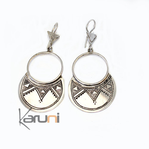 Ethnic Hoop Earrings Sterling Silver Jewelry Engraved Flat Tuareg Tribe Design 3018