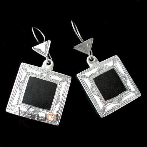  Ethnic Jewelry Tuareg Earrings in Silver Ebony Square Engraved 01