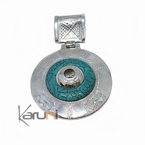 African Necklace Pendant Sterling Silver Ethnic  Turquoise Howlite 7046