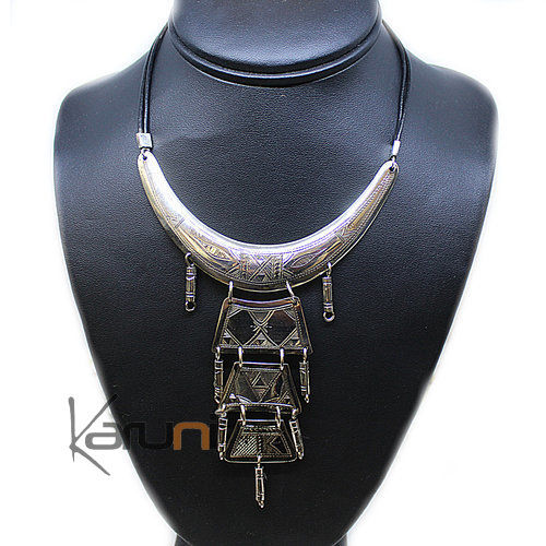 Ethnic Necklace Sterling Silver Leather 8006