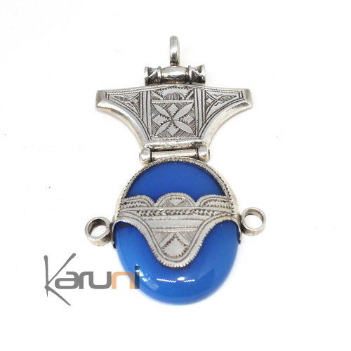 Sterling Silver Pendant Ethnic Jewelry Blue Agate Tuareg 7044