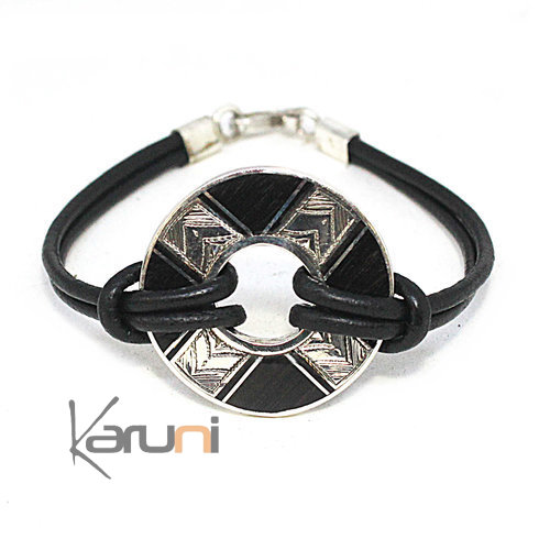 Ebony Silver Medallion Leather Bracelet 3092