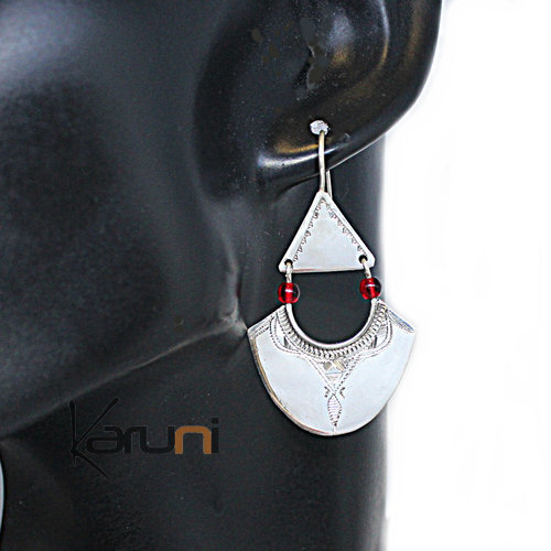 Ethnic Earrings Sterling Silver Jewelry Long Leaf Pendants Red Beads 5126