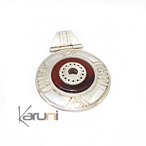 Sterling Silver Necklace Pendant Sterling Silver Ethnic Jewelry Red Agate Round 7052