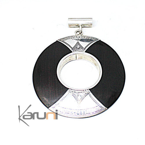 Round Ethnic Necklace Ebony Sterling Silver Pendant 7053