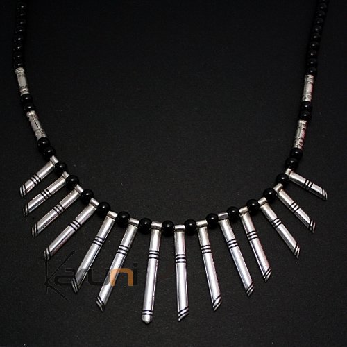 Necklace Sterling Silver  Black Glass Beads Thin Celebra Tuareg Tribe Design