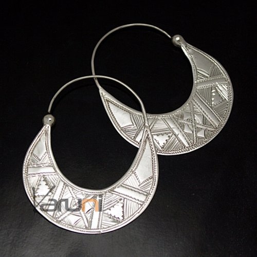 Hoop Earrings Sterling Silver  Engraved Flat Tuareg Tribe Design 17 5 cm