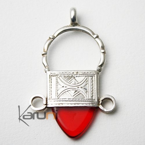 African Southern Cross Necklace Pendant Sterling Silver   Red Glass Bead from Ingall Tuareg Tribe Design  KARUNI