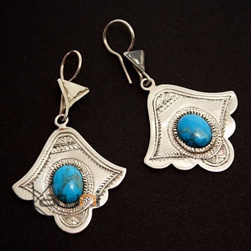 Earrings Sterling Silver  Scalloped Engraved Turquoise Tuareg Tribe Design 17