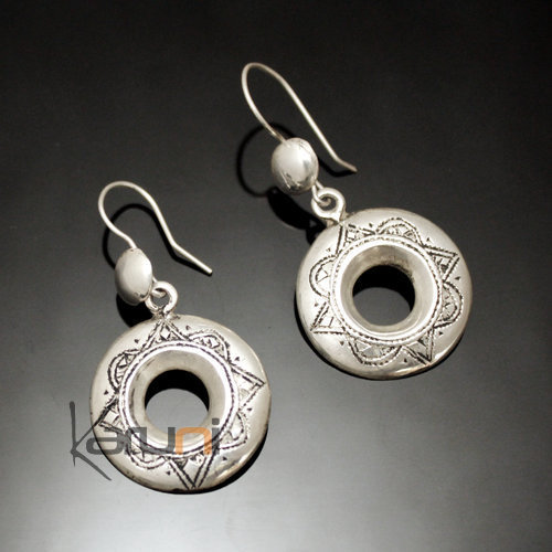 Ethnic Earrings Sterling Silver Jewelry Rounds Engraved Hollowed Tuareg Tribe Design 64