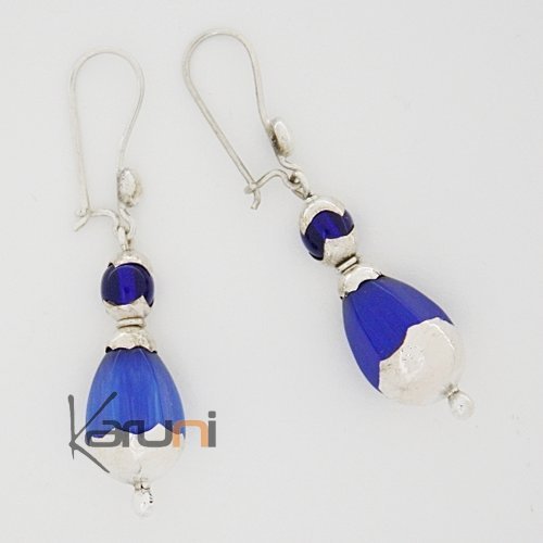 Tuareg oval drops earrings - silver and blue pearls