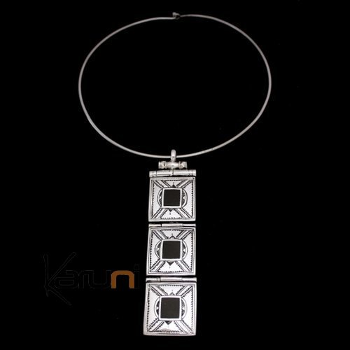 African Necklace Pendant Sterling Silver Ethnic Jewelry Ebony Three Squares Tuareg Tribe Design 11 b