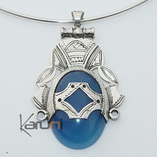African Necklace Pendant Sterling Silver Ethnic Jewelry Goddess Head Oval Blue Agate Tuareg Tribe Design 01
