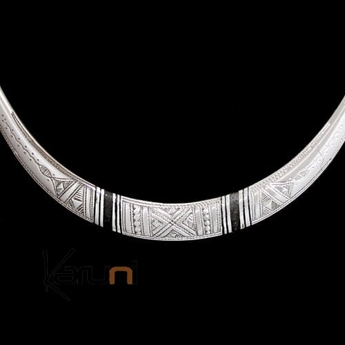 Ethnic Jewelry Choker Necklace Sterling Silver and Ebony Engraved Torque 8002