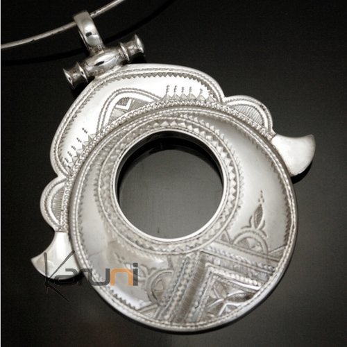 African Necklace Pendant Sterling Silver   Big Round Goddess Head Tuareg Tribe Design 30