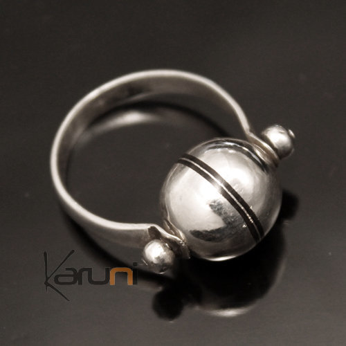 Ethnic Jewelry Ring Sterling Silver Ball Spinning Top Ebony Lines Tuareg Tribe Design KARUNI b