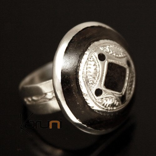 Ethnic Small Diamonds Ring Sterling Silver Jewelry Round Ebony Engraved Tuareg Tribe Design b