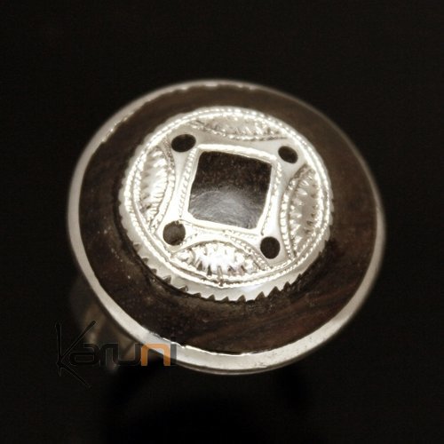 Ethnic Small Diamonds Ring Sterling Silver Jewelry Round Ebony Engraved Tuareg Tribe Design 