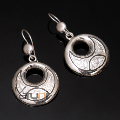 Ethnic Earrings Sterling Silver Jewelry Engraved Hollowed Rounds Tuareg Tribe Design 83