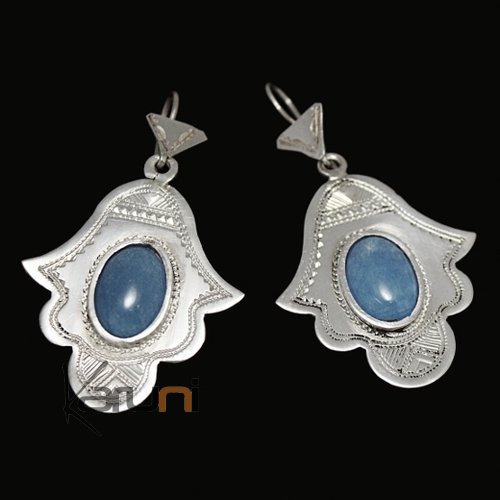 Earrings Sterling Silver  Fatma Hand Khamsa Blue Agate Tuareg Tribe Design 13