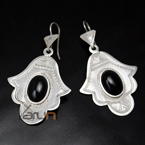 Earrings Sterling Silver  Fatma Hand Khamsa Black Onyx Tuareg Tribe Design 13