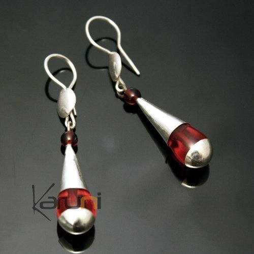 Earrings Sterling Silver  Thin Long Drops Red Glass Beads Tuareg Tribe Design 01