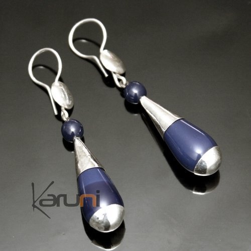 Earrings Sterling Silver  Thin Long Drops Glass Beads Dark Blue Tuareg Tribe Design 01