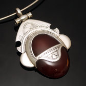 African Necklace Pendant Sterling Silver Ethnic Jewelry Goddess Head Red Agate Oval Tuareg Tribe Design 15