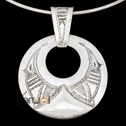 African Necklace Pendant Sterling Silver Ethnic Jewelry Engraved Round Tuareg Tribe Design 05