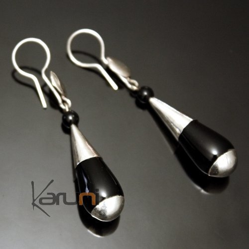 Ethnic Earrings Sterling Silver Jewelry Thin Long Drops Black Glass Beads Tuareg Tribe Design 01