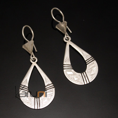 Ethnic Earrings Sterling Silver Jewelry Flat Long Drops Ebony Lines Tuareg Tribe Design 35