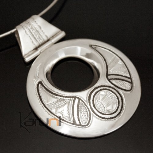 African Necklace Pendant Sterling Silver Ethnic Jewelry Big Engraved Round Tuareg Tribe Design 08