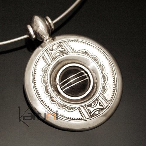 African Necklace Pendant Sterling Silver Ethnic Jewelry Ebony Engraved Round Tuareg Tribe Design 01