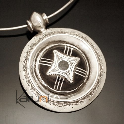 African Necklace Pendant Sterling Silver Ethnic Jewelry Ebony Engraved Round Tuareg Tribe Design 03
