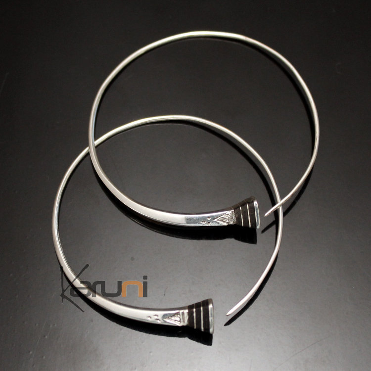 Ethnic Hoop Earrings Sterling Silver Jewelry Tesibit Ebony Engraved Tuareg Tribe Design 03 4 cm