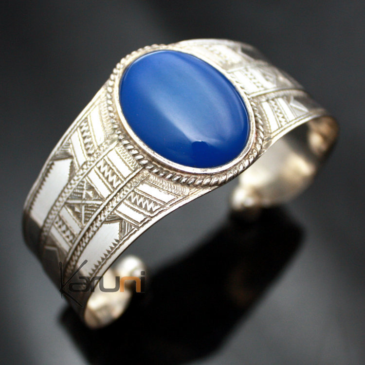Ethnic Bracelet Sterling Silver Jewelry Large Engraved Blue Agate Oval Tuareg Tribe Design  KARUNI