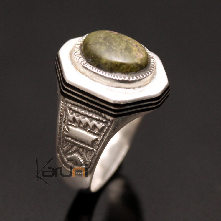 Ethnic Signet Ring Sterling Silver Jewelry Green Unakite Men/Women Tuareg Tribe Design 01