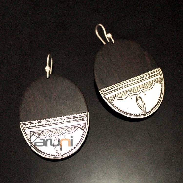 Ethnic Earrings Sterling Silver Jewelry Ebony Big Engraved Oval Tuareg Tribe Design 148