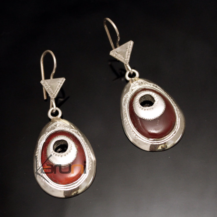 Ethnic Earrings Sterling Silver Jewelry Big Drops Red Agate Engraved Egg Tuareg Tribe Design 28