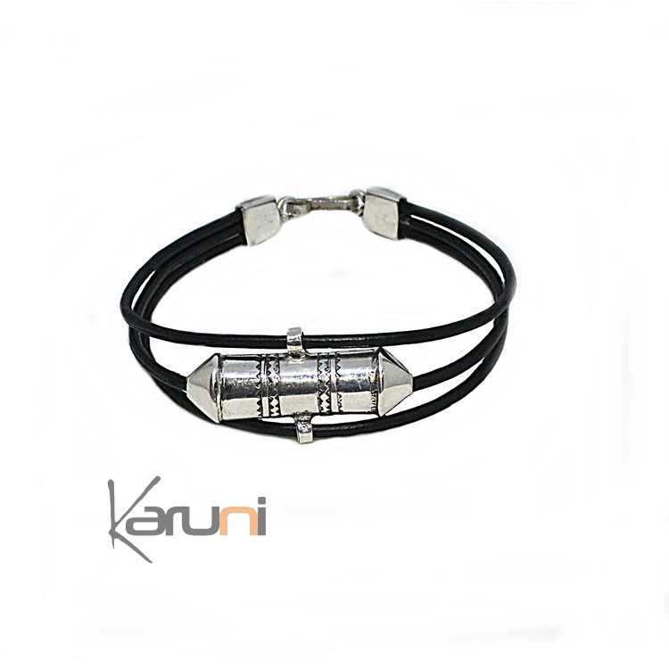 TuaregEngraved Leather Sterling Silver Bracelet 3055
