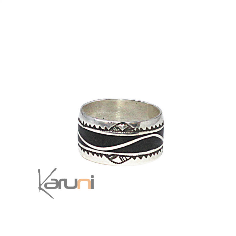 Ethnic Engagement Ring Wedding Jewelry Sterling Silver Ebony Strip Semi-Large Men/Women Tuareg Tribe Design KARUNI 1087