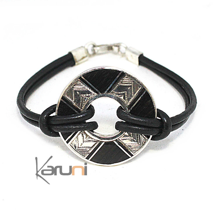 Ebony Silver Medallion Leather Bracelet 3092