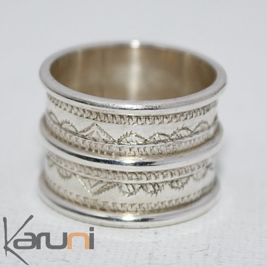 Wedding Engagement Ring Ethnic Tuareg Tribe Design Silver Large 3 Engraved Lines Unisex 03