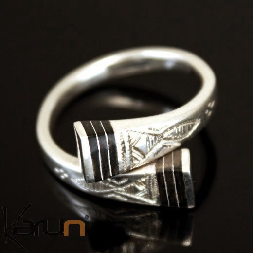 Ethnic Jewelry Ring Sterling Silver Ebony switch Crossed Engraved Adjustable Tuareg Tribe Design 02 KARUNI