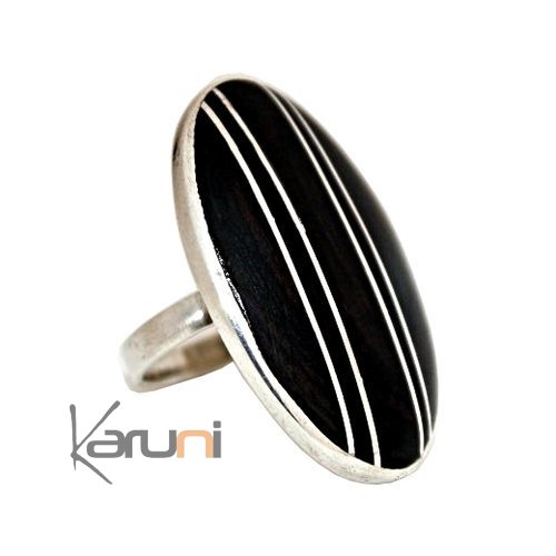 Ethnic Jewelry Ring Sterling Silver Oval Ebony 4 Lines Tuareg Tribe Design 