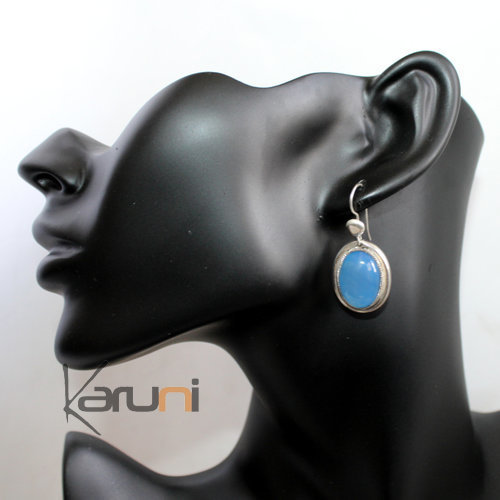 Oval Tuareg Earrings in Silver and Blue Agate Stone 04
