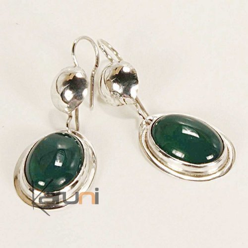 Tuareg silver earrings - oval green agate