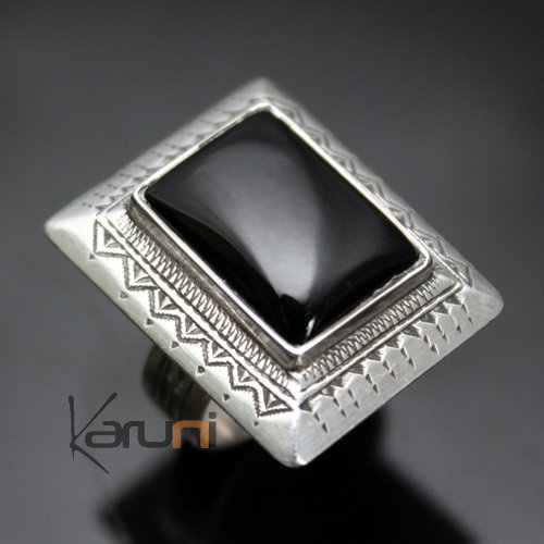 Tuareg Ethnic Jewelry Silver Ring Rectangle Black Onyx 02 - KARUNI