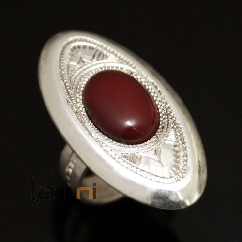 Ethnic Ring Sterling Silver Jewelry Red Agate Engraved Oval Tuareg Tribe Design 06